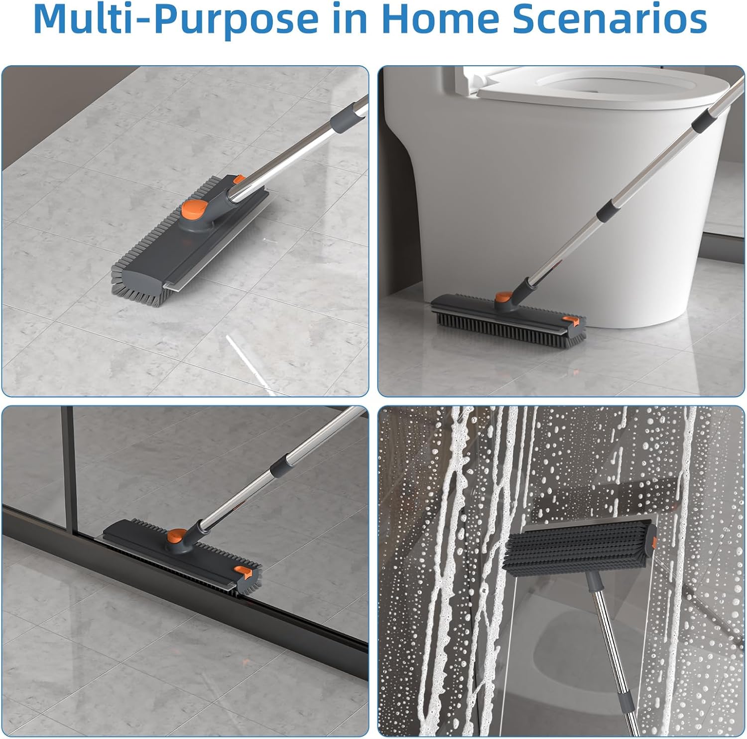 Pool Scrub Brush with 52" Pole, 3 in 1 Pool Cleaning Brush with Squeegee, Floor Scrub Brush with Long Handle, Deck Brush for Swimming Pool Tile Wall Patio Concrete Gray, floor scrub brush bathtub brush,adjustable silicone squeegee