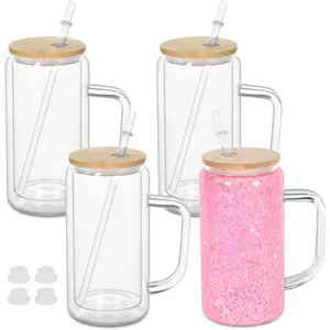 16 Oz Snow Globe Tumbler With Handle, Pre-Drilled Double Wall Snow Globe Glass Cup For Glitter, 4 Pack