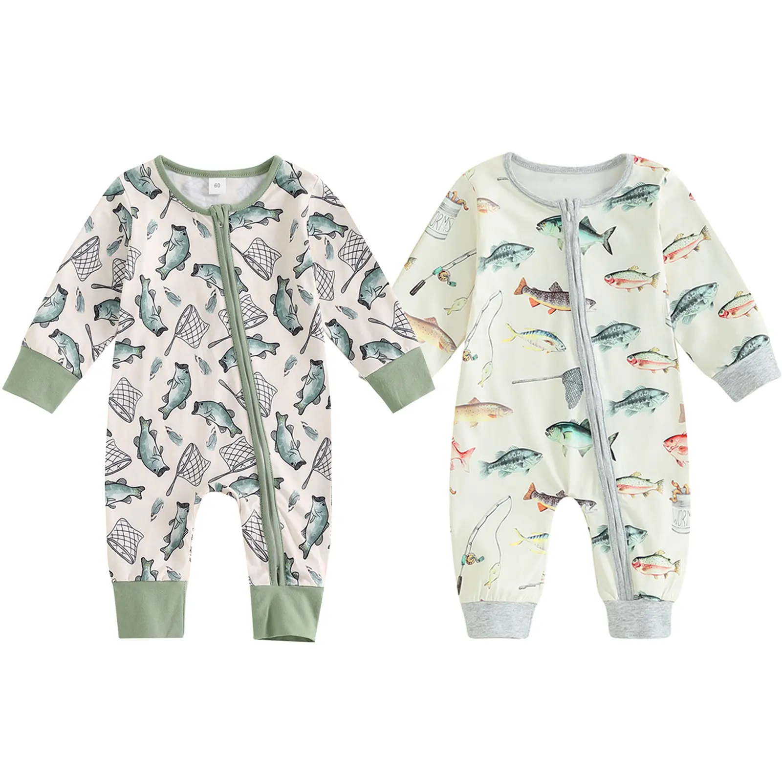 Newborn Baby Girl Boy Fishing Outfit Fish Print Long Sleeve Romper Zipper Jumpsuit Infant Coming Home Clothes