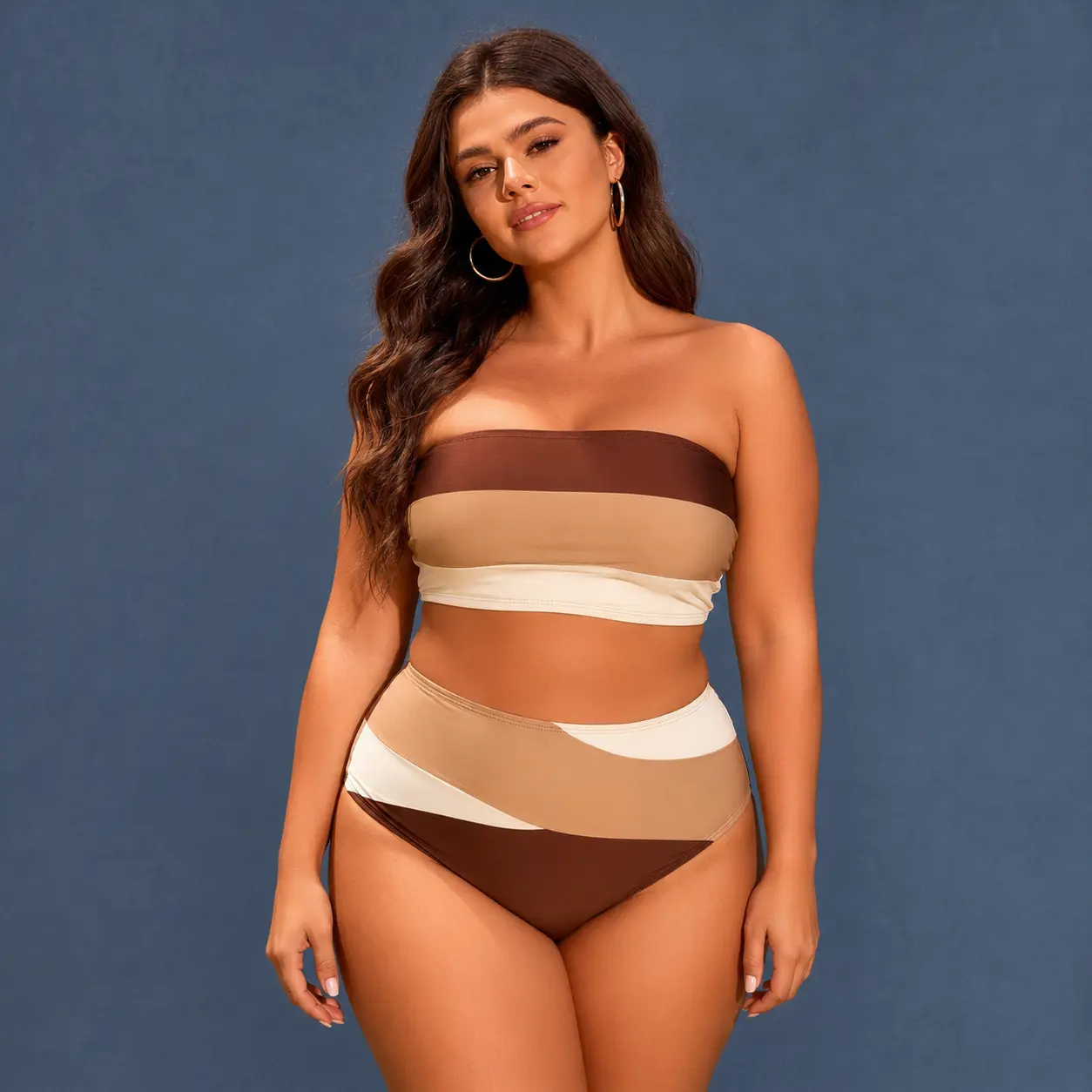 Plus Size Bandeau Bikini Set for Women Color Block Two Piece Swimsuit High Waisted Bikini Strapless Swimwear Brown Tan Cream Resort Beach Vacation Poolside Bathing Suit Modern Colorblock Bikini Set