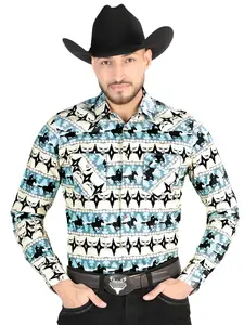 Men’s Long Sleeve Snap Button Western Shirt - Ivory/Blue 44478