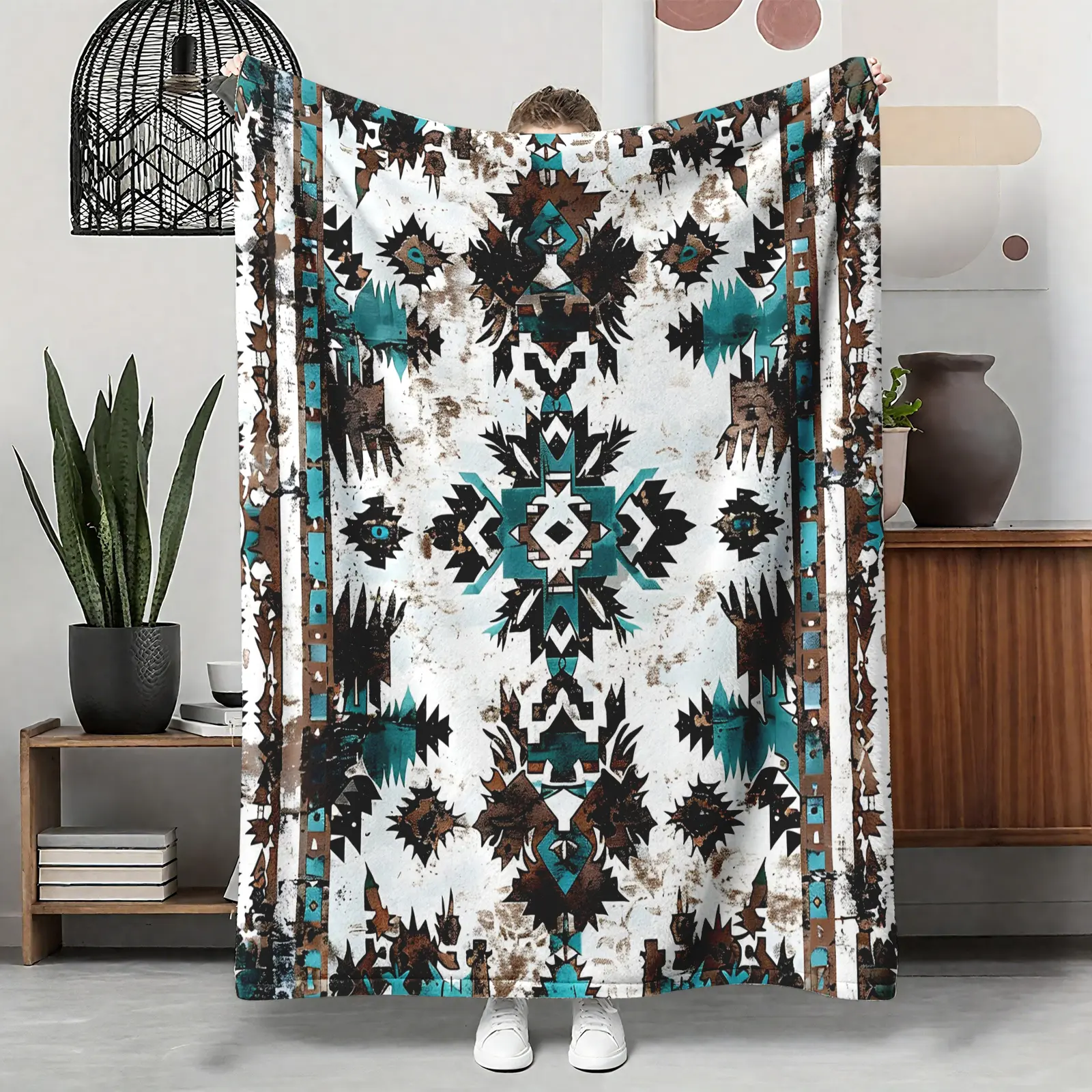 Navajo Vintage Turquoise Flannel Throw, Tribal Diamond Geometric Soft Warm Blanket, Cozy Southwestern Gift for Him Her, Couch Sofa Bed Boho Decor, AC Summer Nap Blanket, Birthday Christmas Gift for Native Art Lovers, Rustic Throw