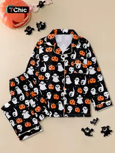 2-piece Halloween Pumpkin Head Spider Web Cross Long Sleeve Pants Soft and Comfortable Top Small Pocket Button Closed Elastic Waist Suitable for All Seasons Leisure Home Sleepwear Regular Wear