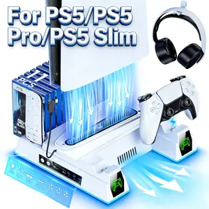PS5 Cooling Station & Stand with Dual Controller Charger, 3-Level Turbo Fan for PS5/Pro/Slim – Includes Game Storage, RGB Lights | PS5 Accessories