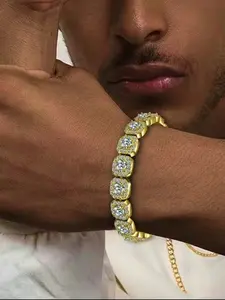 Square Rhinestone Cuban Chain Bracelet, Unique Unisex Appeal Street Party Jewelry, Fashionable Accessory for Men and Women, Exquisite Bracelet, Rhinestone Bangle Bracelet, Elegant Jewelry Bracelet