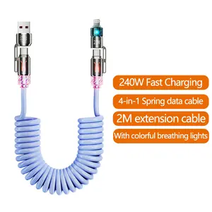 240W 4-in-1 Retractable Coiled Charging Cable Certified,With fragrance,With colorful ambient lights,Zinc Alloy Fast Charger with PD27W/65W/240W, 2M Braided USB-C/C-L for iPhone 16/15/14, Laptop, Android, CarPlay & CarLife， Electronic    portable charger