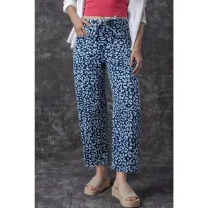 Blue Leopard Printed Drawstring Elastic Waistband Pocketed Wide Leg Jeans