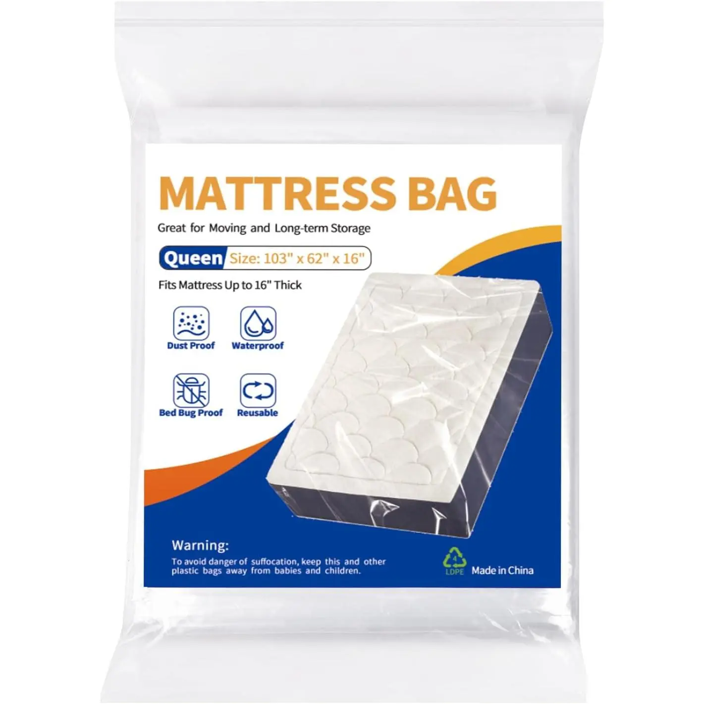 Waterproof Heavy-Duty Plastic Mattress Bag - 1 Pack, Full Queen Size, No Extra Bulk, Moving Supply, Queen Mattresses Protect Cover, Queen Size Mattress, Mattresses Queen Size