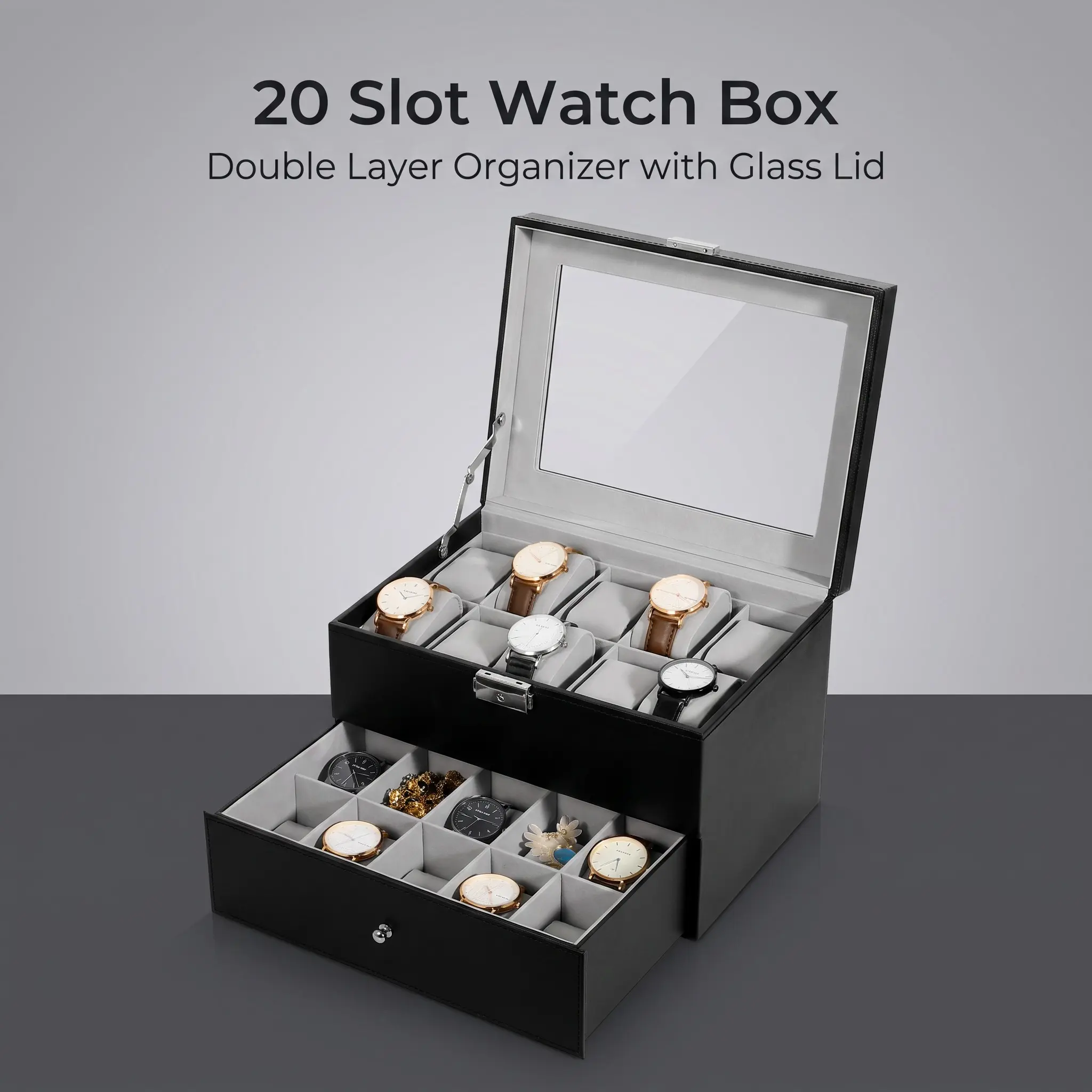 Unisex 20-Slot Watch Organizer Box - Double-Layer Watch Case with Glass Display Lid, Pull-Out Drawer, PU Leather Build, Soft Velvet Pillows for Jewelry Storage