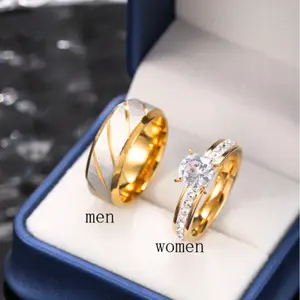 Elegant 2-Piece Couple Ring Set – Pattern Ring for Men & Sparkling Stone Ring for Women | Perfect for Engagement, Wedding & Daily Wear (Gift Box Included)
