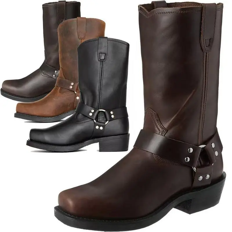 Men'S Calf Boots Square Toe Tube Surface Sewing Metal Ring Elements Thick Heel Western Cowboy Style Outdoor Wear Mid-Calf Boots Men'S Boots Suitable for All Seasons Walking Shoes Footwear