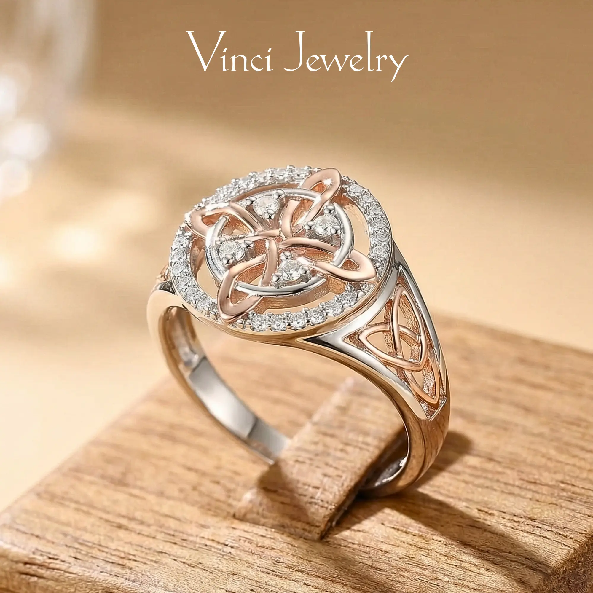 925 Sterling Silver Rose Gold Plated Celtic Knot Ring Anillo Nudo de Bruja Plata Original Witch Knot Jewelry, Cubic Zirconia Decorated S925 Witches Knot Ring, Witchtok Witch Jewerly Pagan Jewelry for Devotion for Protection Gift for Her,Mother's day Gift