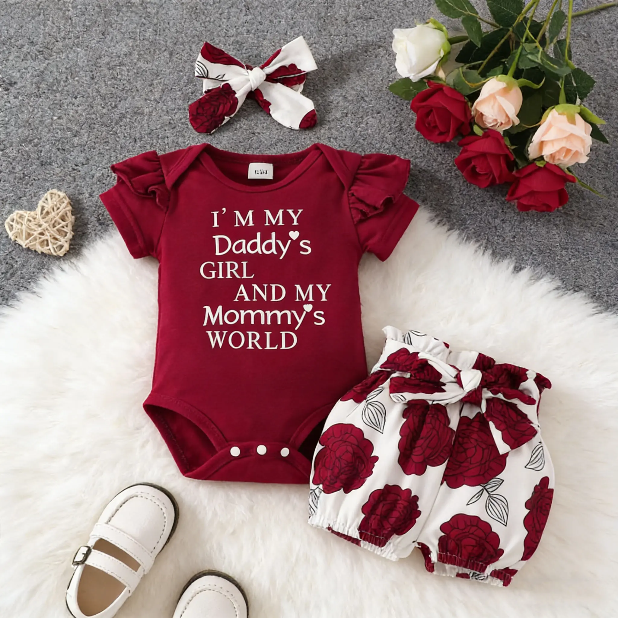 Baby Girls' 3-Piece Outfit Set, Cotton Blend Ruffle Bodysuit with Floral Pants and Headband, Newborn Essential Summer Clothes, Newborn Essential Set Cute Gift Sets Gifts