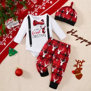 My First Christmas Baby Boy Outfit – 3PCS Newborn Xmas Set with Plaid Pants, White Gentleman Jumpsuit & Hat – Cute Holiday Outfit