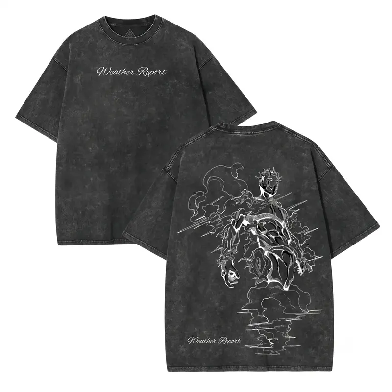 Men's JoJo’s Bizarre Adventure Weather Report Vintage Oversized Wash Cotton Graphic T-Shirt - Unisex Shortleeve Tropical Crewneck Streetwear Gift for Anime Manga Fans, Shortsleeve