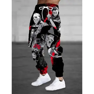 NewRed & Black 3D Horror-Themed Print Drawstring Joggers - Casual & Sporty Polyester Sweatpants with Pockets, Machine Washable
