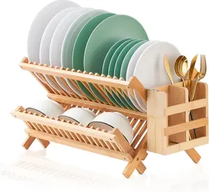 Bamboo Dish Drying Rack, 2 Tier Collapsible with Utensil Holder, Wooden Kitchen Counter Organizer, Large Folding Drying Holder