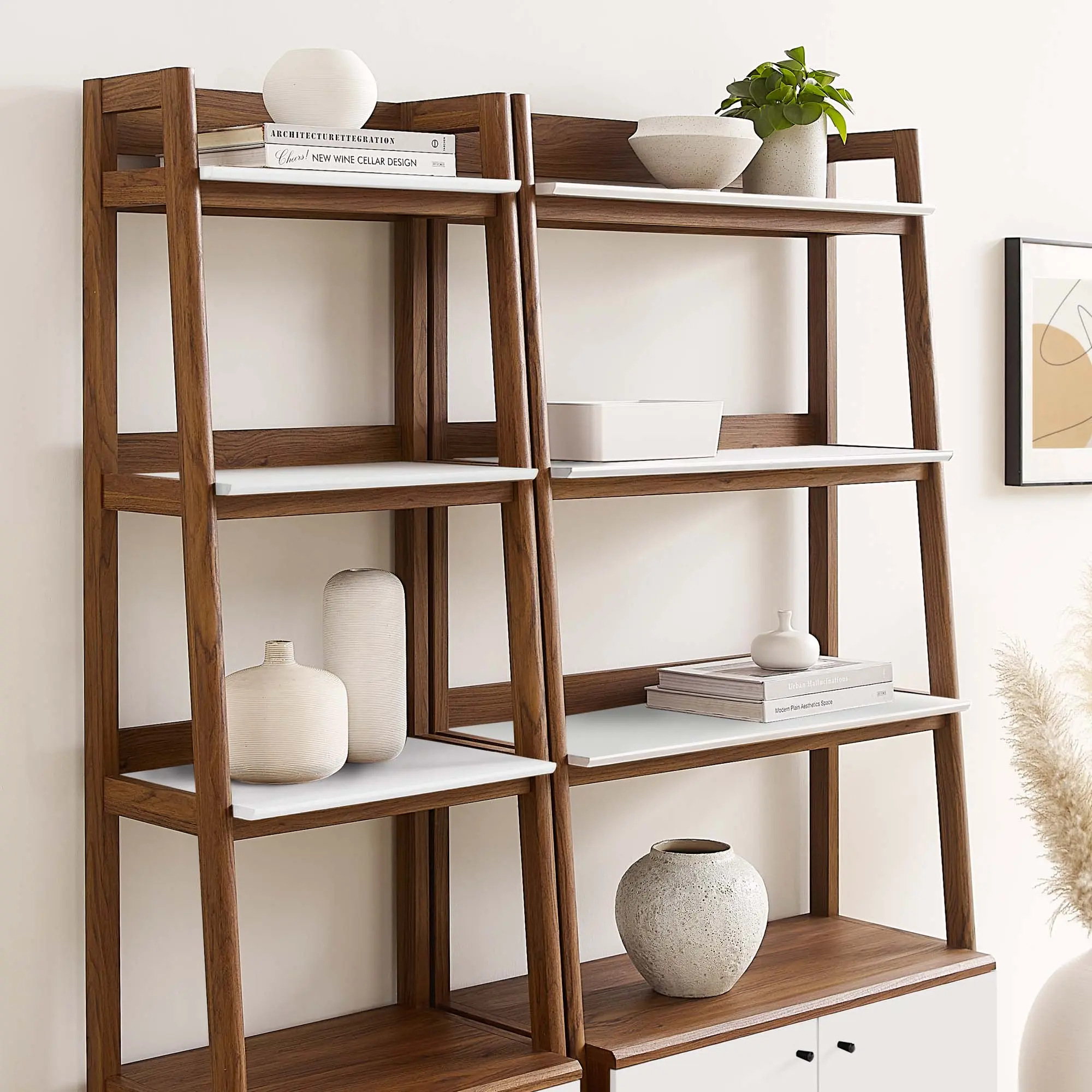 Modway Bixby Wooden Book Shelves Set of 2 - Walnut White, Sturdy Home Library Book Nook, Clean Aesthetic, Small Space Decor, Space-Saving Indoor Furniture Shelves & Racks, Wooden Book Shelf, Home Setup