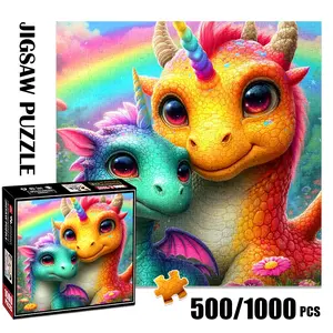 1pc 1000 piece adult puzzle 58x58cm Colorful Fantasy Dragons with Unicorn - like Horns and Rainbow Background 500 pieces paper jigsaw puzzle suitable for DIY creative games for adults and families,