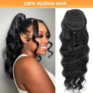 2025 NEW Fashion Loose Deep Wave Drawstring Ponytail Extensions Black Body Wave Human Hair Ponytail Extensions Natural Soft Clip In Hair Extension for Women Human Hair Ponytail Hairpiece for Daily Use