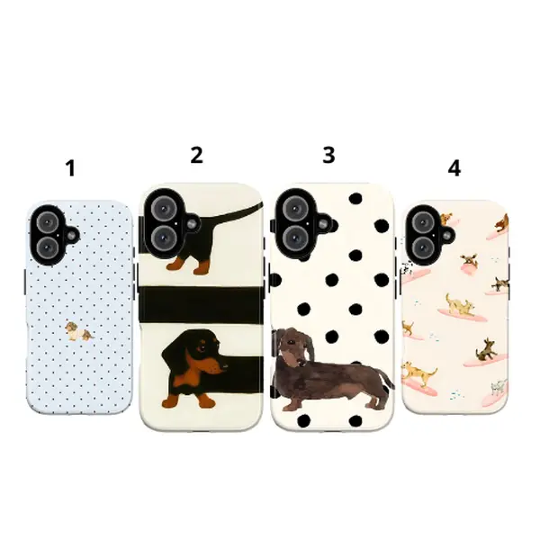 Cute Dachshund Smartphone Casing, Polka Dot & Stripe Handheld Cellphone Protective Cover, Aesthetic Preppy Style for iPhone 17161514131211 Pro Max