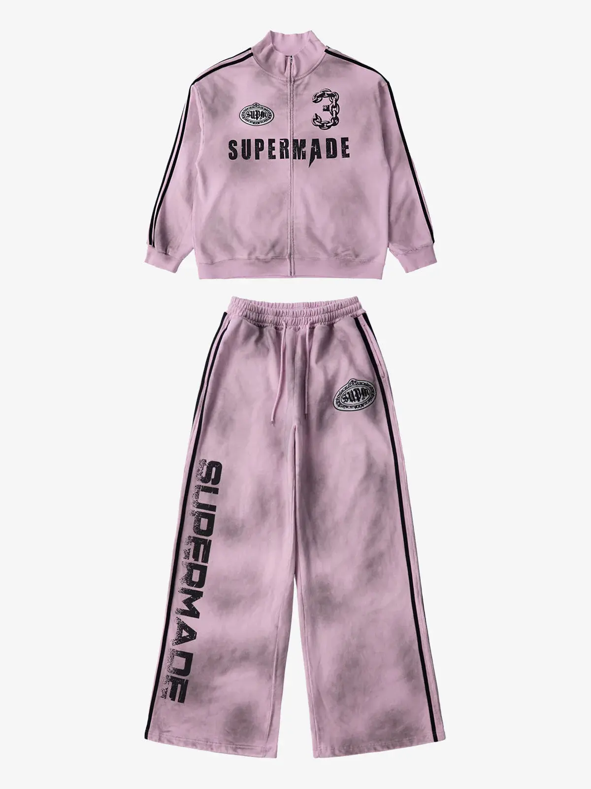 Supermade Vintage Distressed Striped Tracksuit Set, Unisex Oversized Casual Sportswear with Stand Collar Zip Jacket, Front Zip, Two‑Pocket Carry