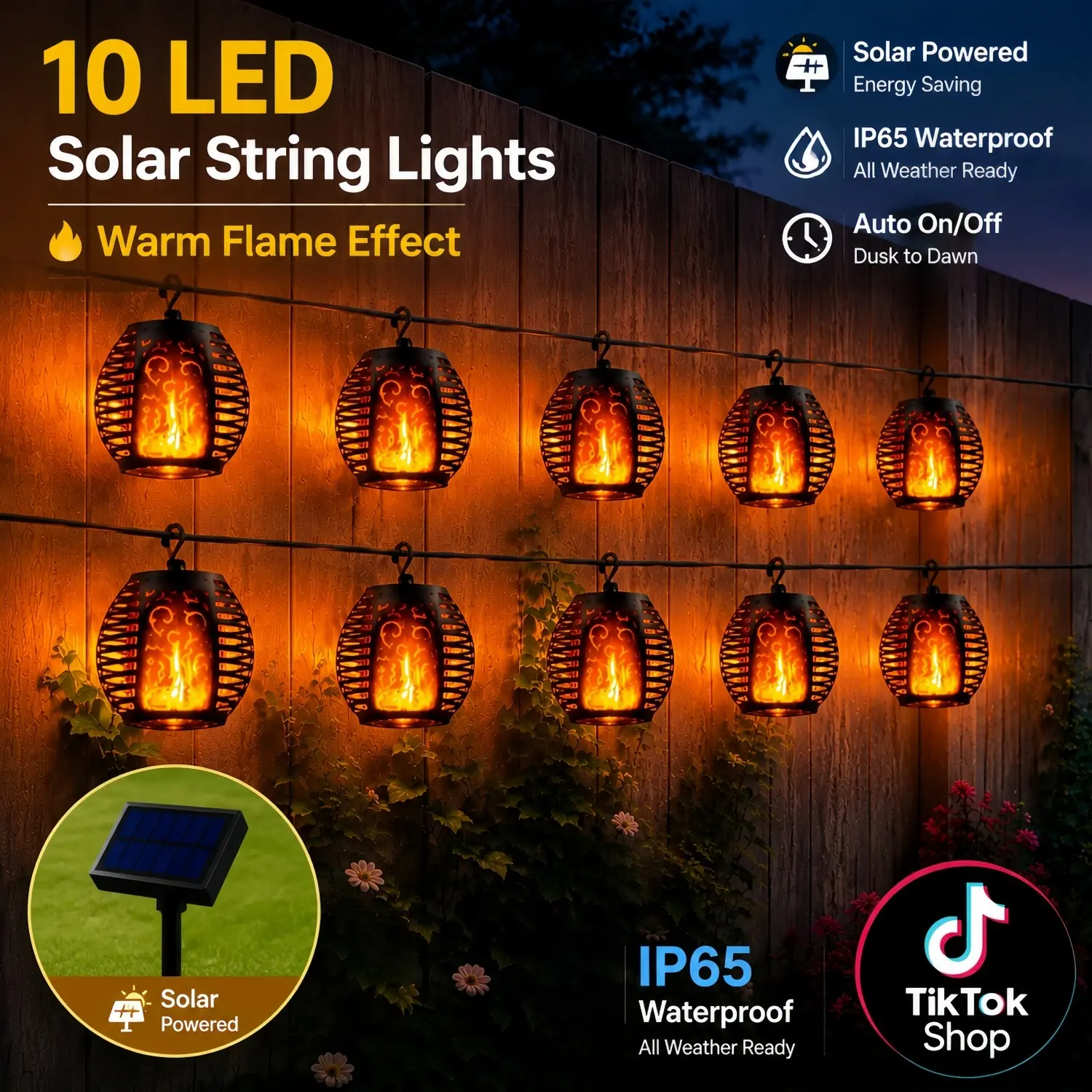 10LED solar flame lantern courtyard decoration light string camping atmosphere decoration light courtyard garden balcony landscape decoration lighting,Christmas and Halloween holiday decorative lights