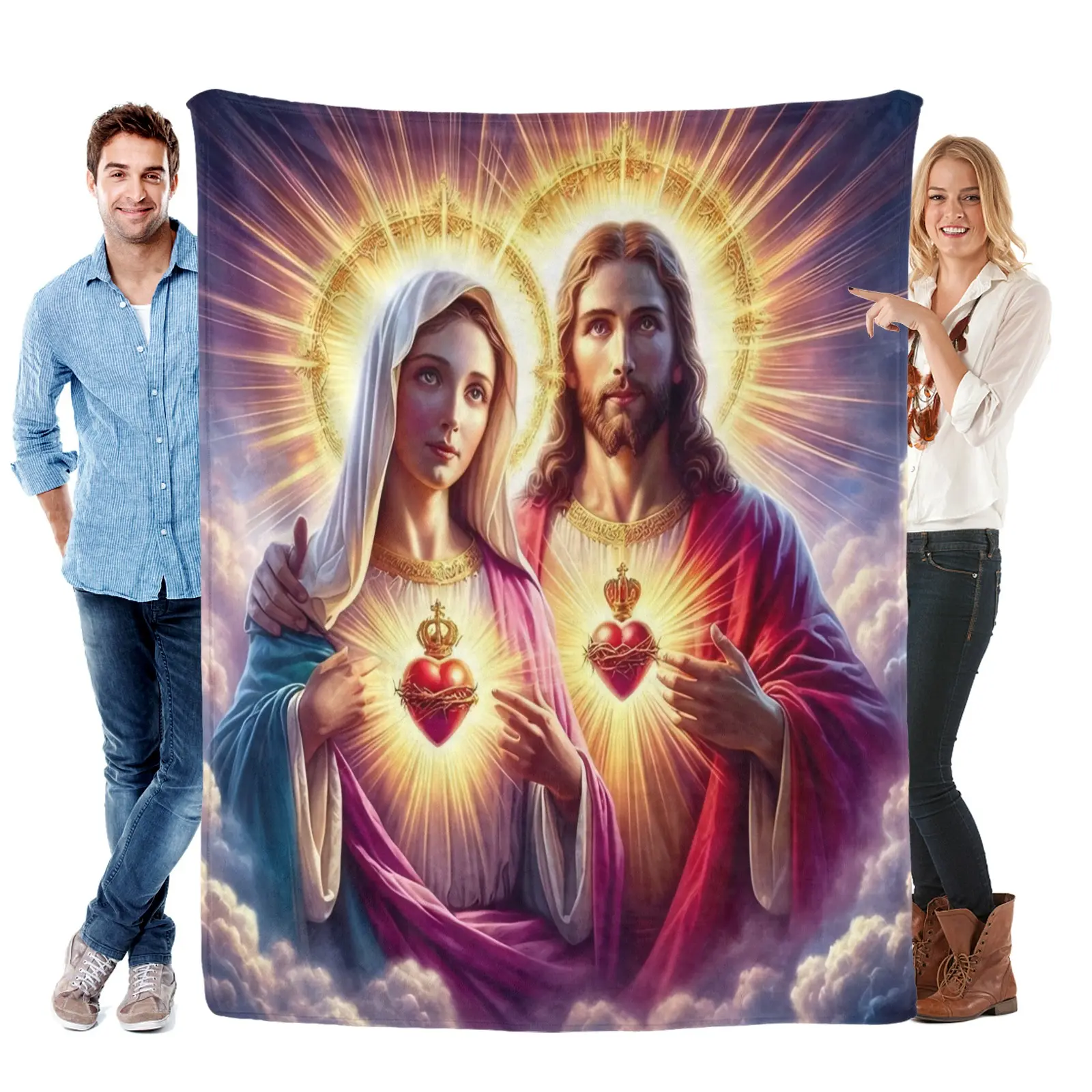 Sacred Heart of Jesus & Mary Flannel Religious Blanket - Feel Cosy, Cozy Style Heartwarming Gift for Believers, Home Decor Addition for Bedroom Snuggling & Devotional Charm