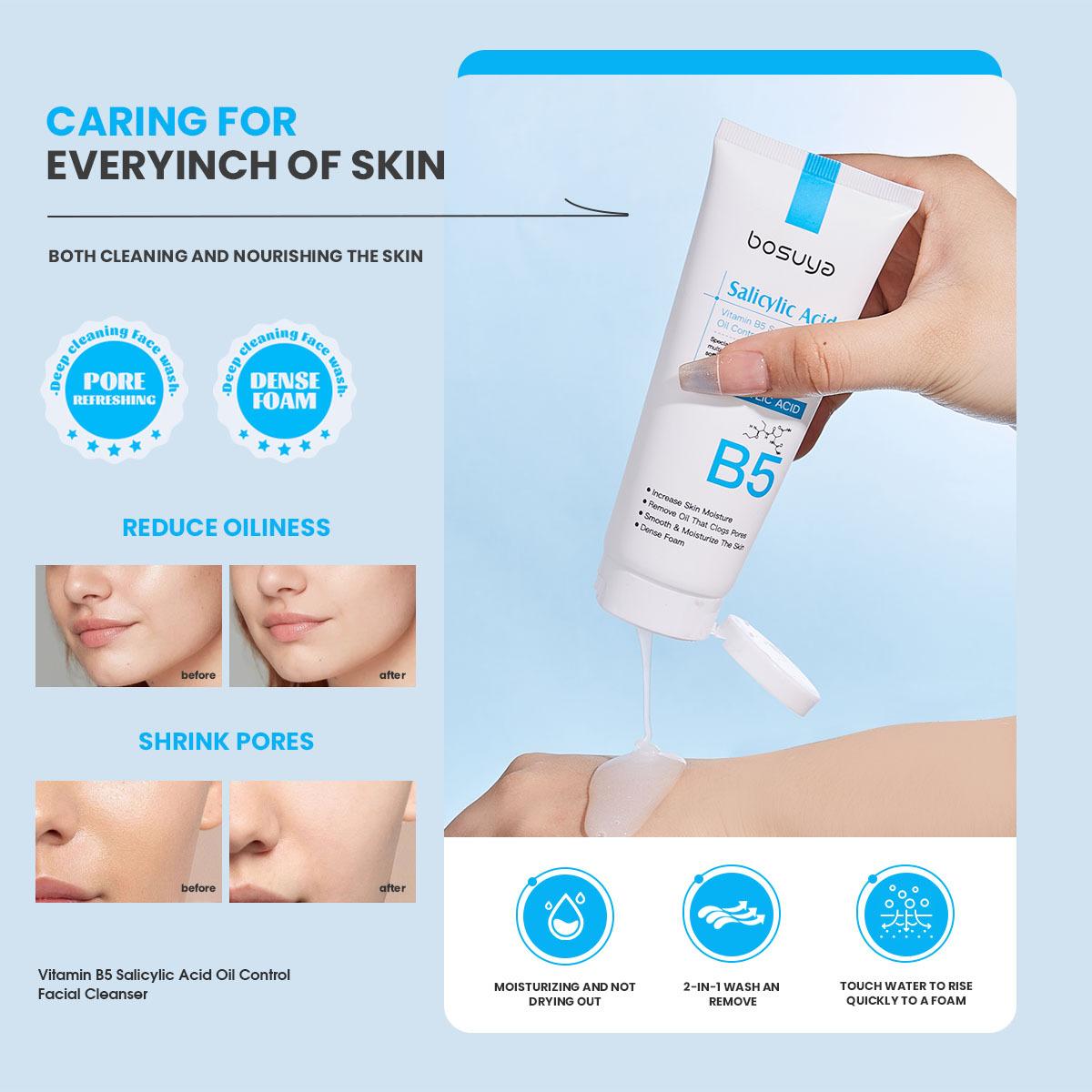 Salicylic Acid Foaming Facial Cleanser with Vitamin B5 (B5+Sacid) - Bright, Smoother Exfoliating Hydrating Face Wash for Deep Pore Cleansing, Oil Control, Blackheads - Mild Daily Oily Skin Face Care Product