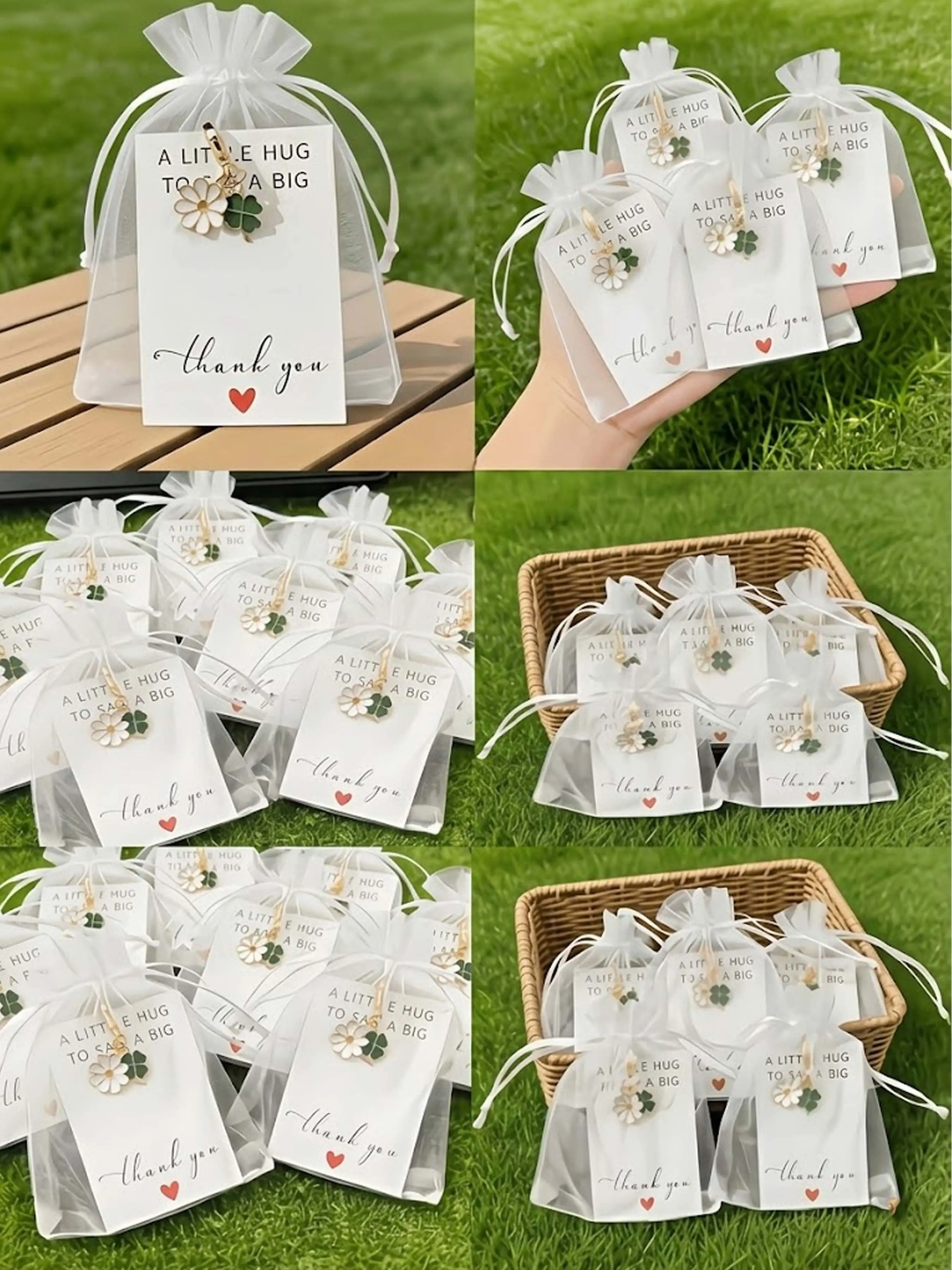 30pcs Daisy Clover Keychains Bulk, Wedding Favors, Metal Floral Keychains with Thank You Cards and Bags, Unisex Zinc Alloy Accessories Keychain Series
