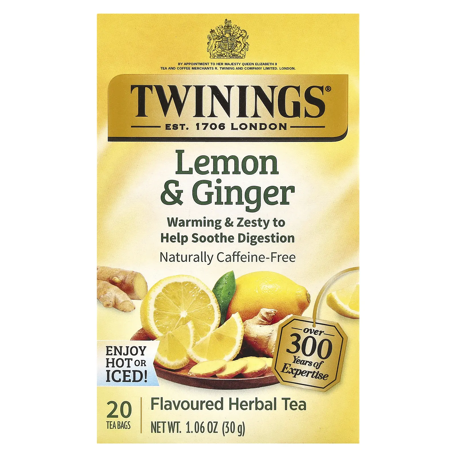 Twinings Flavored Herbal Tea, Lemon & Ginger, Caffeine Free, 20 Tea Bags, 1.06 oz (30 g)