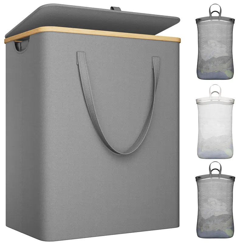 Raybee Furniture Sturdy Oxford Collapsible Storage Basket - 160L-170L Dirty Clothes Basket with Lid, 2/3 Compartments, Washable Liners, Pockets, 3 Removable Bags, 5 Mins Easy Assembly for Bedroom, Bathroom