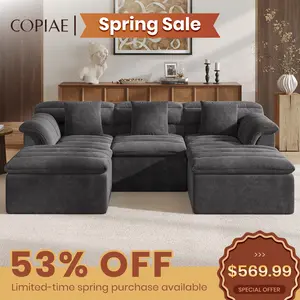 [2 Package Shipping] COPIAE 112" Modular Boneless Couch, Corduroy Sofa with Deep Seat, No Assembly Compressed Sofa, Sectional Sofa Couches with Dual-Layer Upholstered Cushions for Living Room/Apartment Movie Night