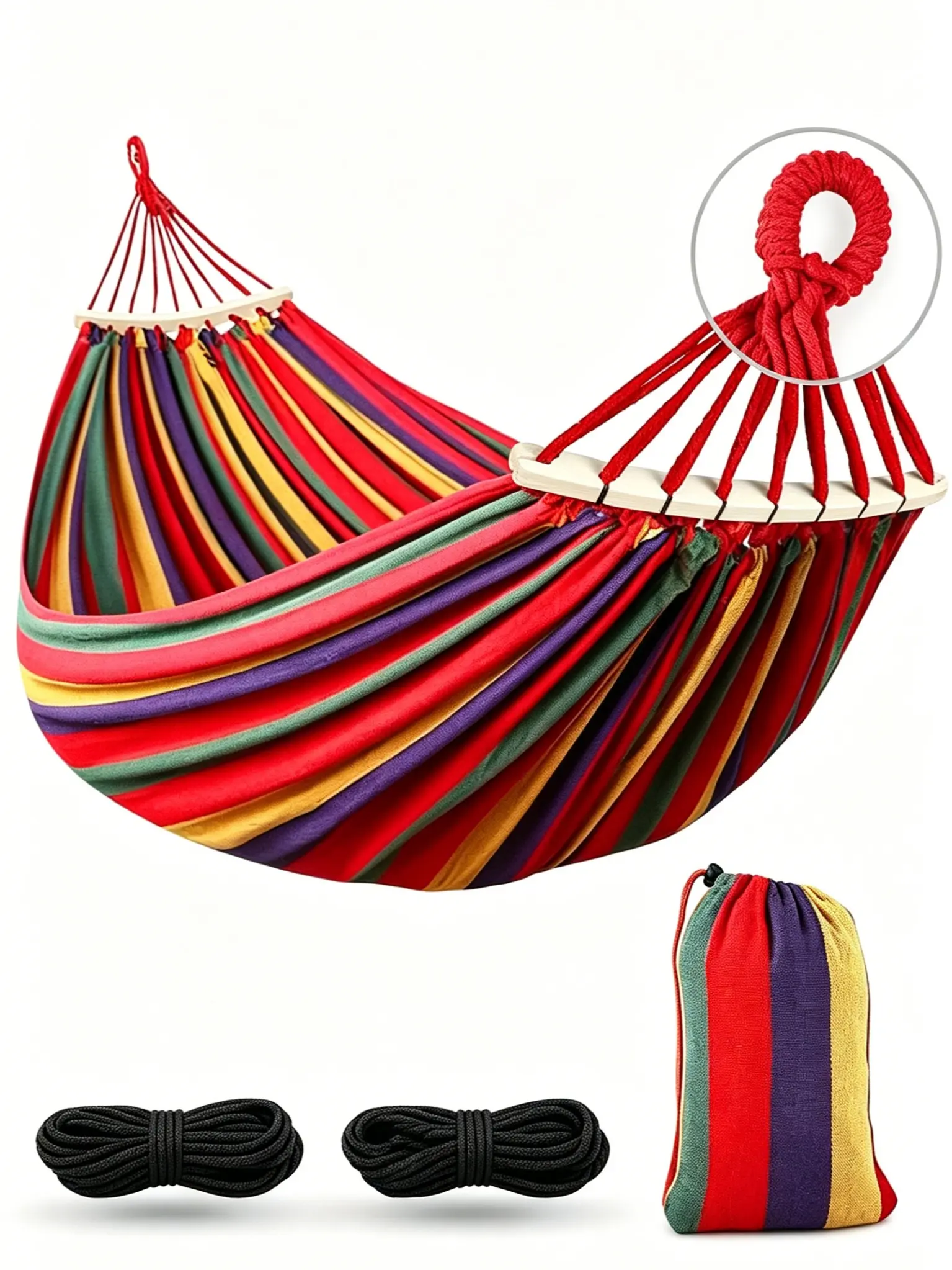 Thick Canvas Portable Travel Hammock, Single Size with Anti-Rollover Spreader Bars, 550lb Capacity, Includes Tree Straps & Carry Bag for Outdoor Camping