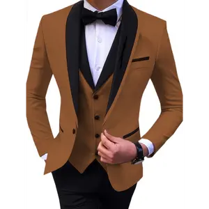 3pcs One-Button Blazer Men's Slim Fit Tuxedo Set - Non-Stretch Fabric Suit Jacket, Vest & Pants Combo, Menswear Polyester Workwear Top Formal Sleeve