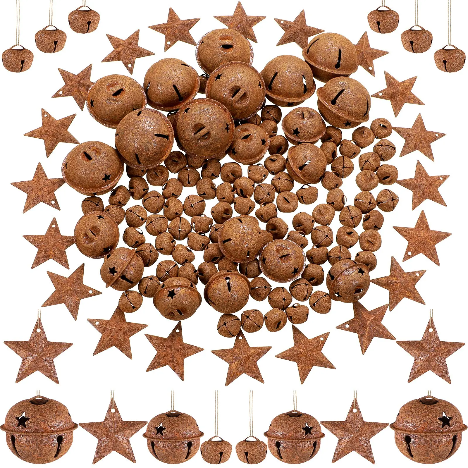 140 Pieces Rustic Christmas Bell Set,Includes 100 Small Rustic Jingle 20 Star Cutout Bells 20 Metal Star Hanging Ornament for Christmas Tree Home Decor DIY Craft Gifts,Hand Tools Kits