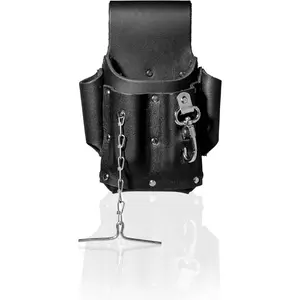 Electrician Full Top Grain Leather Tool Pouch; 5 Pocket Pouch with Electrical Tape Chain; Durable Compartments; Washer Rivets; Includes Metal Tool Clip; Black
