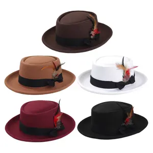 Men's Women's Classic Fedora Hat Short Brim Felt Feather Bow Hat Panama Dress Hat