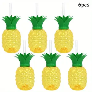 6pcs/set Plastic Pineapple Cups with Straws, Strawberry Cups for Hawaiian Luau Theme, Tropical Summer Beach Party Decor, Party Supplies, Halloween & Christmas
