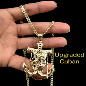 14K GP Fashion Hip Hop Sailor Anchor Eagle 1.77" Pendant Size - Luxury Pendant with Upgraded Cuban Chain 20" 24" 4mm - Unisex Jewelry Brass Material