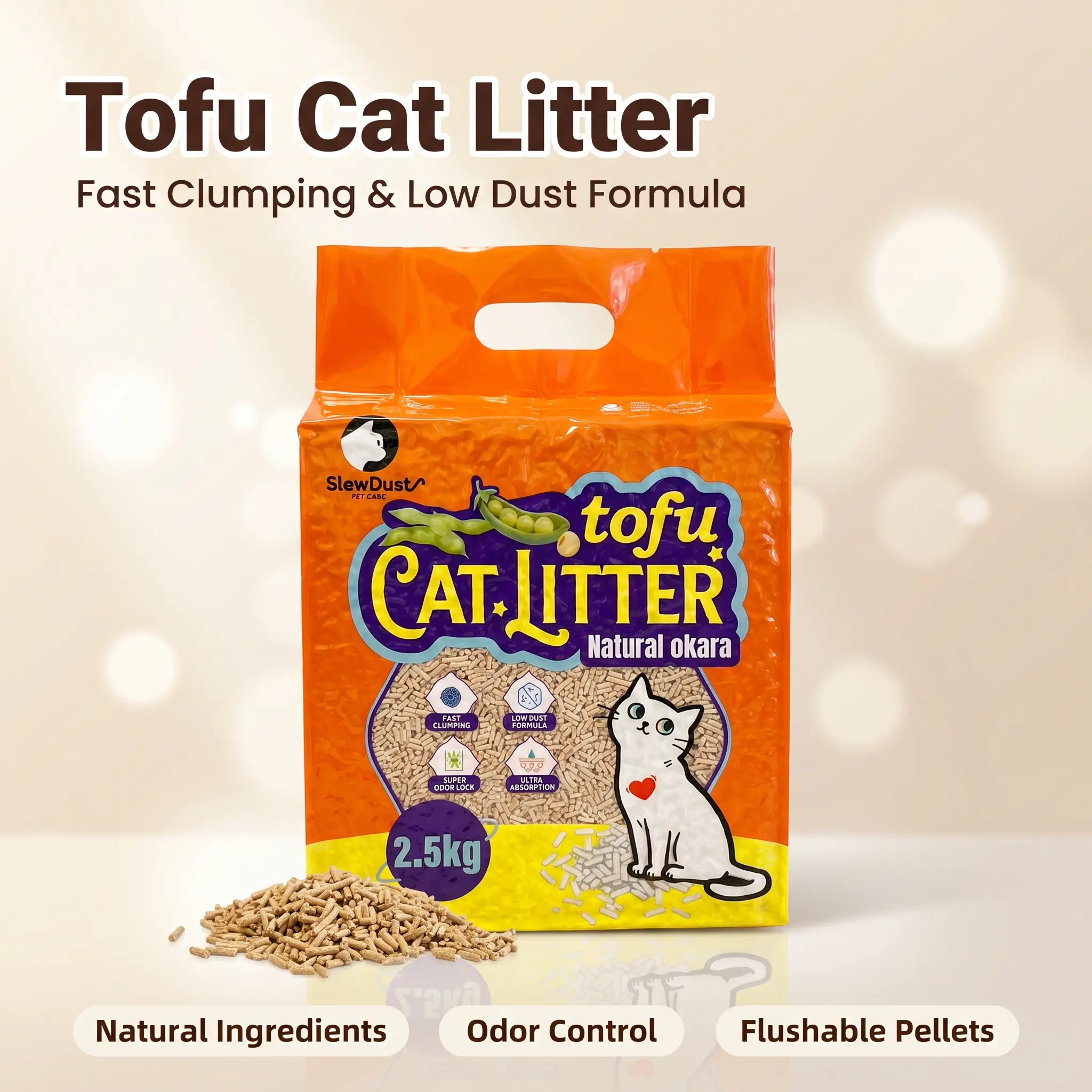 Fast Clumping tofu cat litter 99% Dust free with no added fragrances|Slowdust tofu cat litter|Odor Control,Low Tracking,Flushable cat litter,2.5KG/5.5LB pack,Plant-Based okara & Pea Fiber，Works well with automatic litter boxes