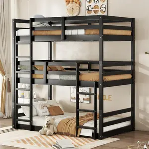 【Bellemave】Triple Rubber Wood Bunk Bed with Two Built-in Ladders, Guardrails, Twin over Twin over Twin, Detachable Triple Twin Bunk Bed