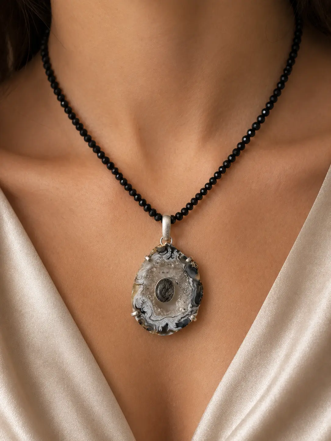 Semiprecious Stone Jewelry Set - Geode Druzy, Black Rutilated Quartz Pendant, Black Onyx Necklace for Statement Wear