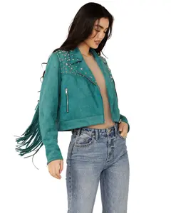 Rock & Roll Denim Women's And Faux Suede Moto Fringe Jacket - Bw92c04462
