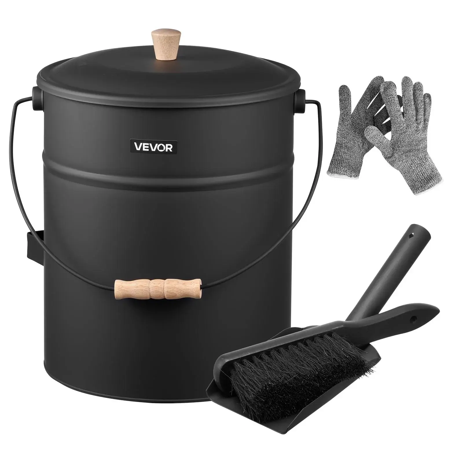 【Summerfinds】VEVOR Steel Ash Bucket Set4 GAL Large Capacity with LidShovelBroom & GlovesMetal Fireplace Charcoal Ash Can for FireplacePatio Fire PitWood Burning Stoves (Indoor/Outdoor Use)