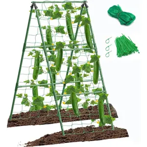 Cucumber Trellis Frame for Raised Beds, Small Foldable A-Frame Garden Trellis for Outdoor Climbing Plants, Climbing Vegetable Plant, Plastic Coated Steel Core, Metal Garden Trellis (15x47 Inches)