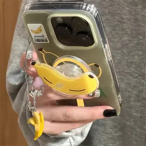 Magnetic protective case with painted translucent yellow banana phone case with banana pendant and magnetic bracket for iPhone 11 12 13 14 15 16 pro max Cover