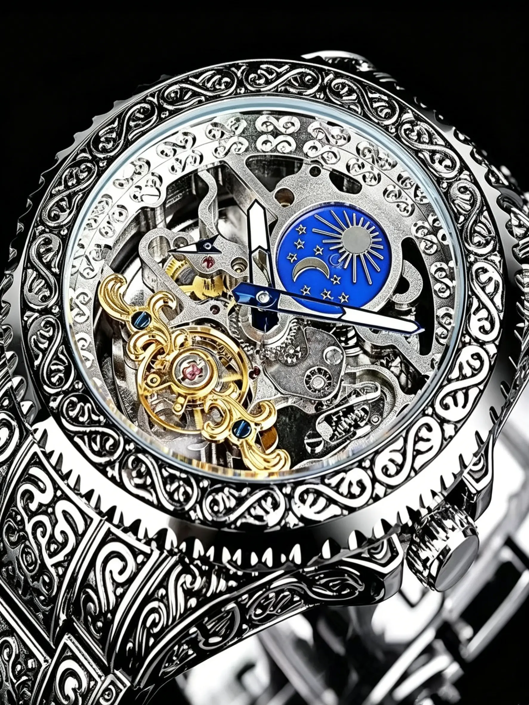 Classic Men's Skeleton Mechanical Watch, Vintage Relief Case, Automatic Winding, Fully Automatic Watch, Waterproof Night Light, Luxury Court Style, Trendy Business Watch, Luminous Analog Watch