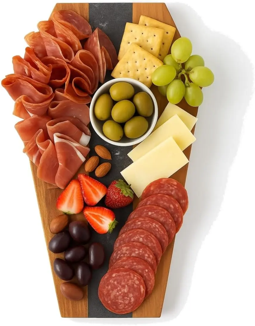 Coffin Charcuterie Board – Black Marble & Acacia Wood Halloween Serving Board, Gothic Kitchen Decor, Spooky Hostess Gift