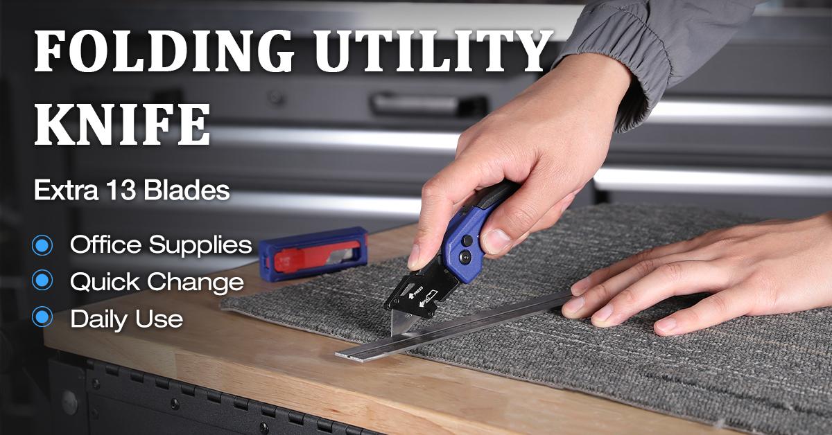 #fathersdaygift WORKPRO Folding Utility Knife, Quick Change Box Cutter, Razor Knife for Cartons, Cardboard, Boxes, Blade Storage in Aluminum Handle, 13 Extra Blades Included (Blue) #fathersdaygift WORKPRO Folding Utility Knife, Quick Change Box Cutter, Razor Knife for Cartons, Cardboard, Boxes, Blade Storage in Aluminum Handle, 13 Extra Blades Included (Blue)